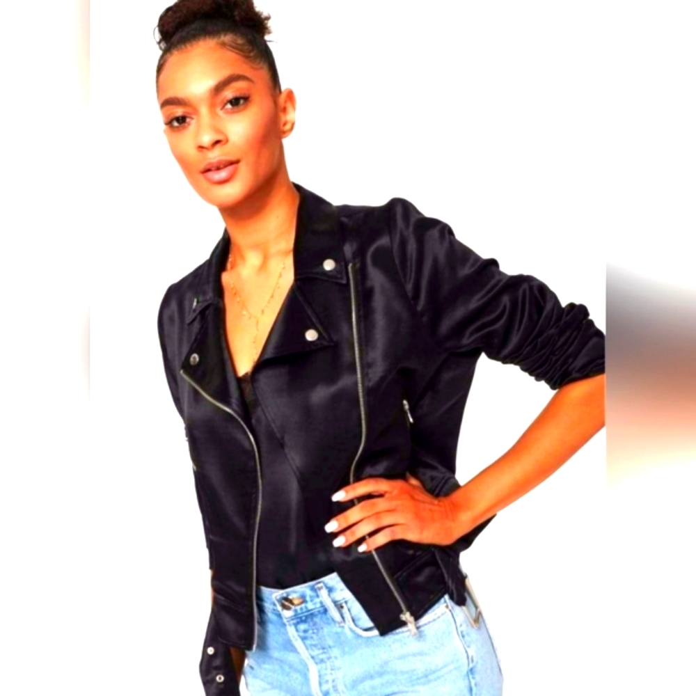 (XS)Vtg🎀❔️Guess❔️🎀 Satin Moto Bomber Jacket🌟 Ptp 16"×L20"
